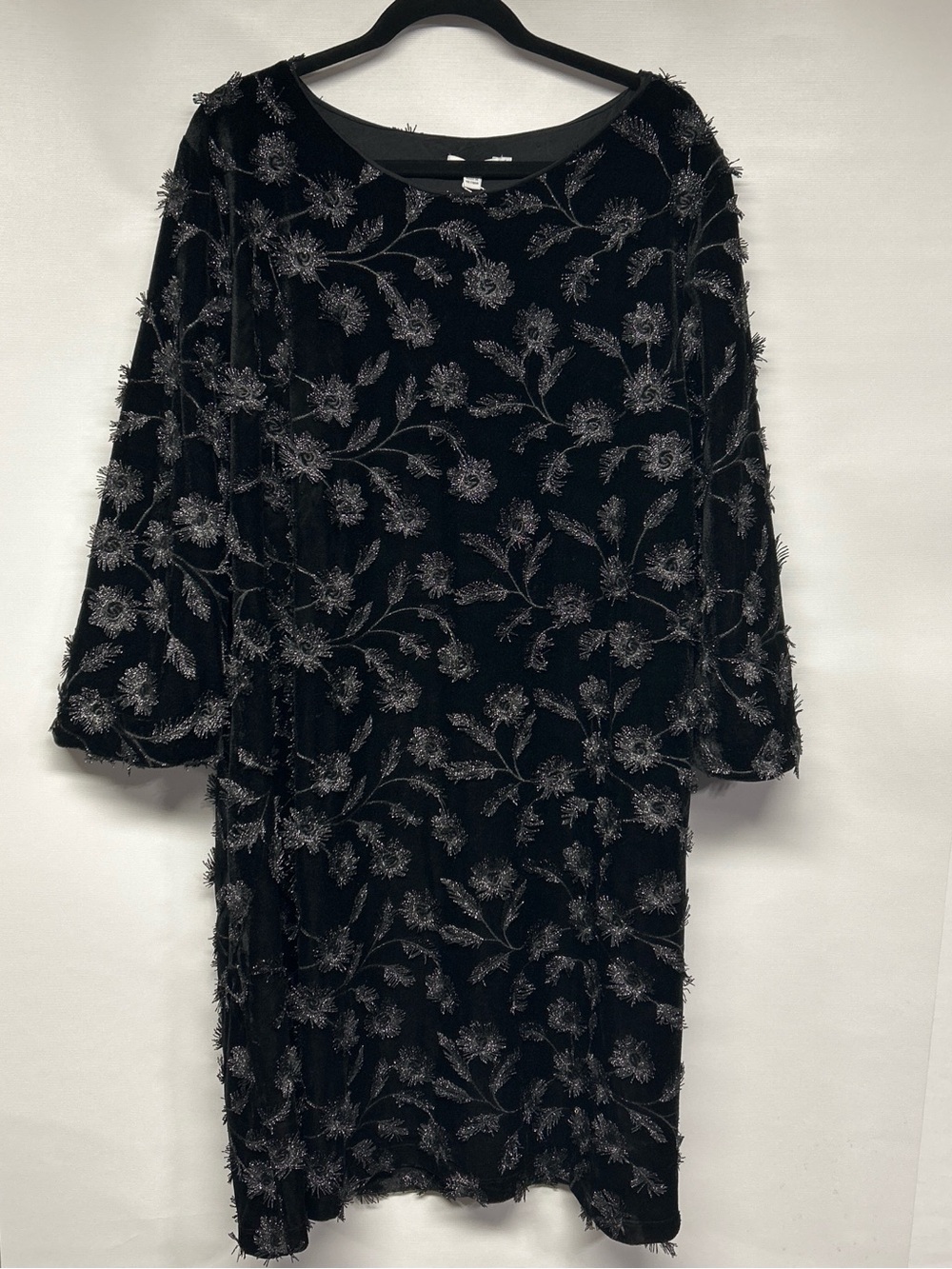 Chico's Black Velvet Floral-Textured Long Sleeve Dress